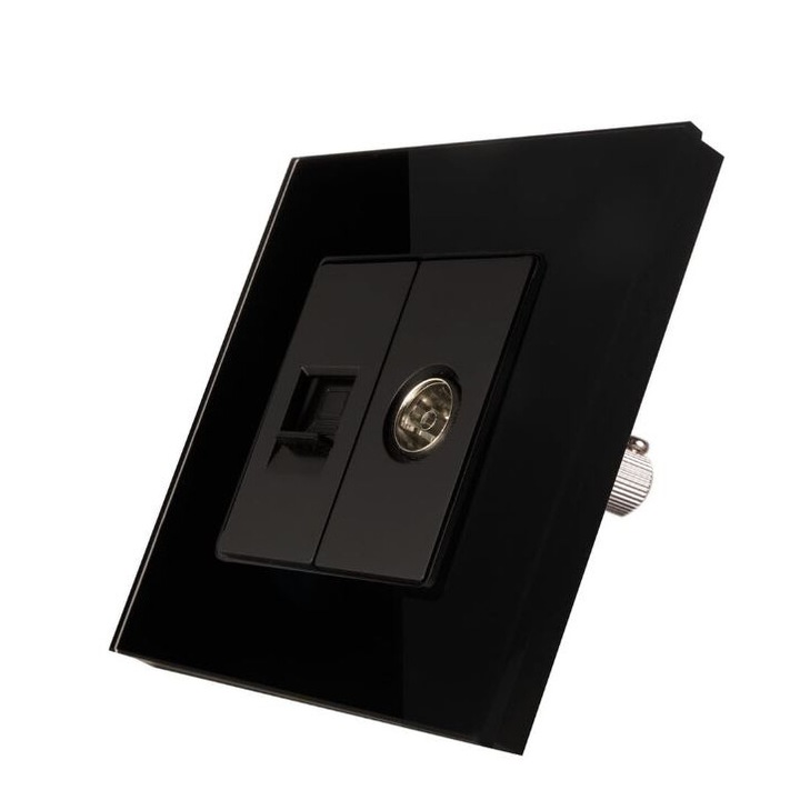 Priza completa CAT6 + CATV (Internet si TV) cu rama de sticla culoare Negru