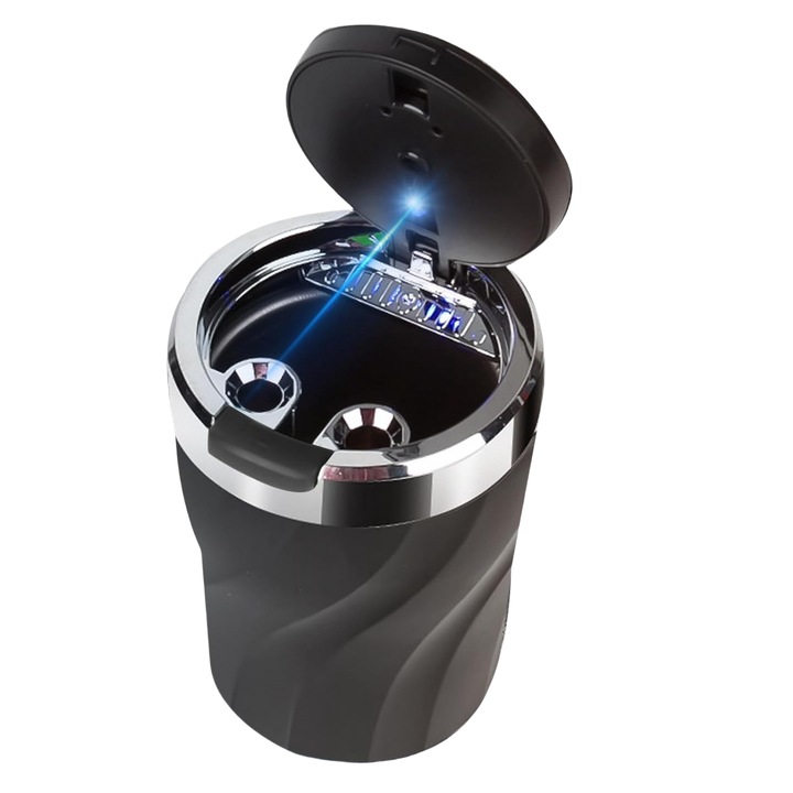 Преносим пепелник MunDeir с пружинен капак и LED, черен, малък размер