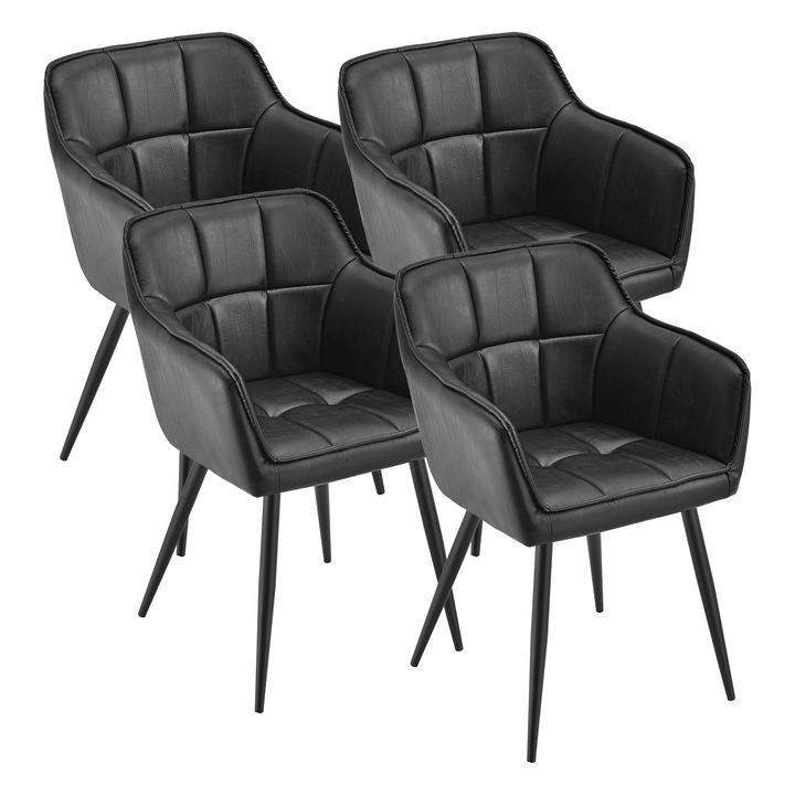 Set 4 scaune, en.casa, Birmingham, 81 x 57 x 53 cm, 180 kg, otel, poliuretan, poliester, negru, cu cotiere