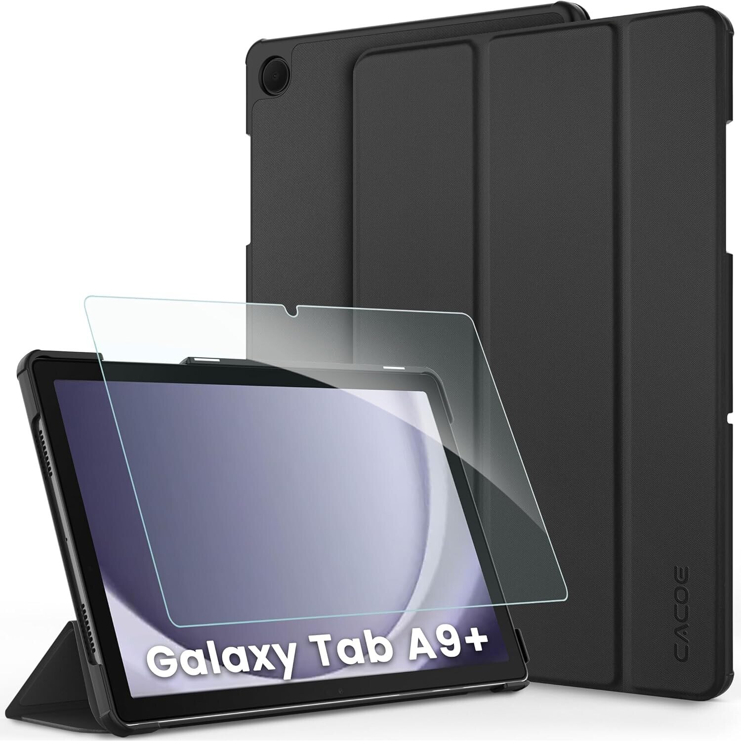 Husa pentru tableta + protector de ecran pentru Samsung Galaxy Tab A9+ Plus 11 inch 2023, cu suport, functie de trezire/dormire, negru