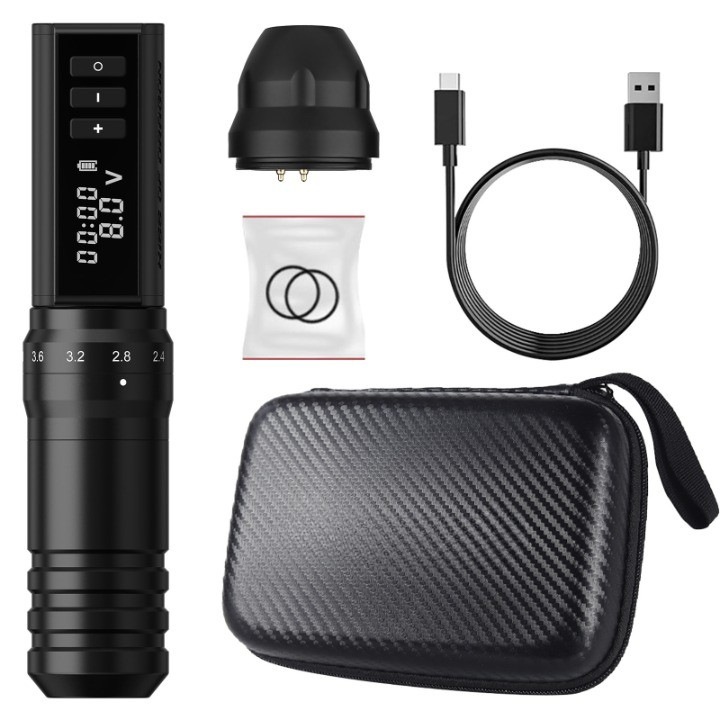 Aparat de tatuat wireless, WALALLA, 2,4 mm-4,2 mm, 6 optiuni de lungime a cursei, buton de reglare, cu geanta de depozitare, potrivit pentru diverse ace, cerneluri, 2400 mAh, negru