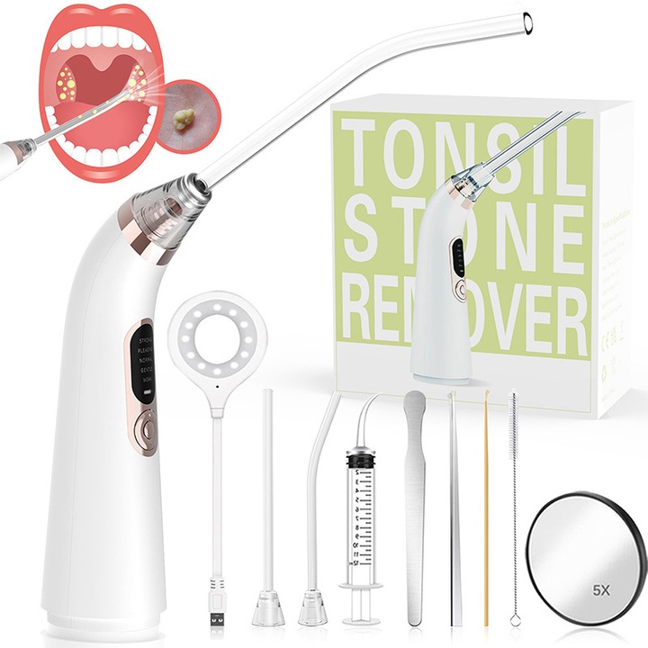 Set pentru indepartarea pietrelor amigdale, WALALLA, afisaj digital LED, 10 in 1, aspirare cu vid, 5 moduri, usor de utilizat, respiratie proaspata, curatare orala, alb