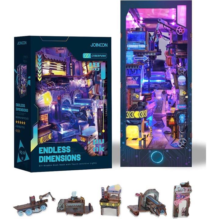DIY 3D könyv sarokkészlet, WALALLA, fa puzzle LED-del, 18x10x24cm, többszínű