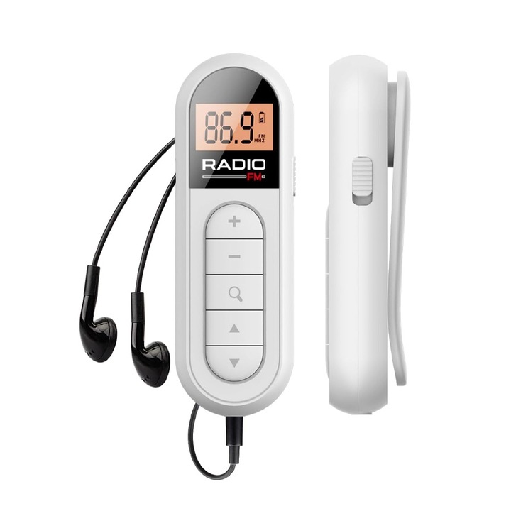 Radio portabil, alb, dimensiuni 3.35x1.10x0.75 in, receptie FM excelenta, sunet de inalta calitate