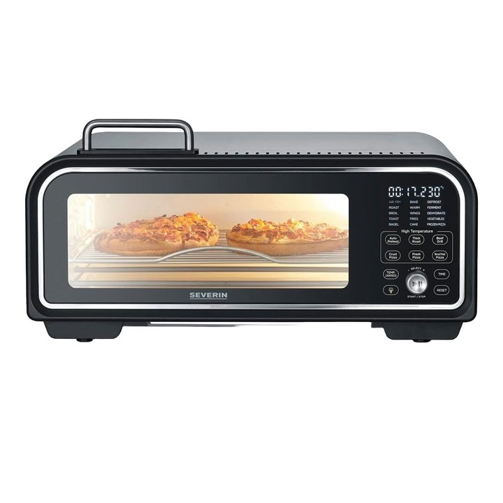 Severin pizza sütő, Serico Digital, mindössze 5 perc alatt kész, kiolvasztás/szárítás funkció, forró levegős főzés, 15 program, állítható hőmérséklet 40-400°C, túlmelegedés elleni védelem, tartozékok mellékelve, fekete