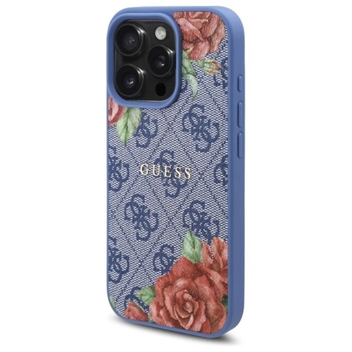 Guess virágmintás 4G MagSafe telefontok, kék, iPhone 16 Pro-hoz, TPU/PC anyag