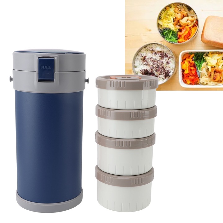 Jormftte termikus ételtartó doboz, 2,9L, 304 rozsdamentes acél, 4 bento doboz, szigetelt, 13,5x29,4cm, kék