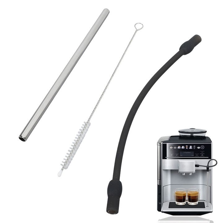 Kávéfőző tartozékkészlet, Jormftte, szilikon és rozsdamentes acél tejcső, tisztítókefe, 21.9cm, 18cm