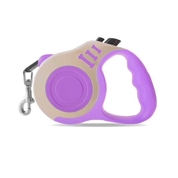 Lesa retractabila pentru caini, 5m, design ergonomic, plastic, violet, pentru caini si pisici pana la 15kg