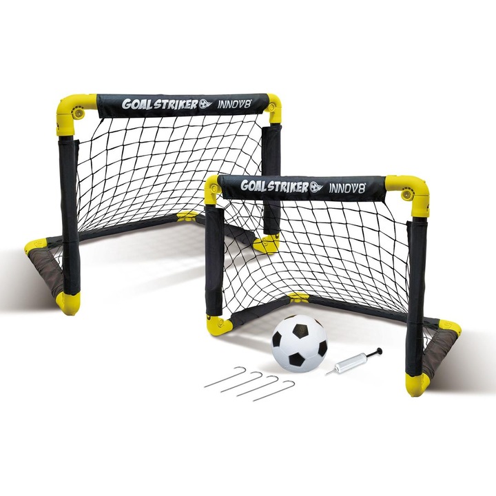 Set 2 porti de fotbal pliabile 50x44x44cm cu minge si pompa, negru/galben, pentru copii peste 5 ani