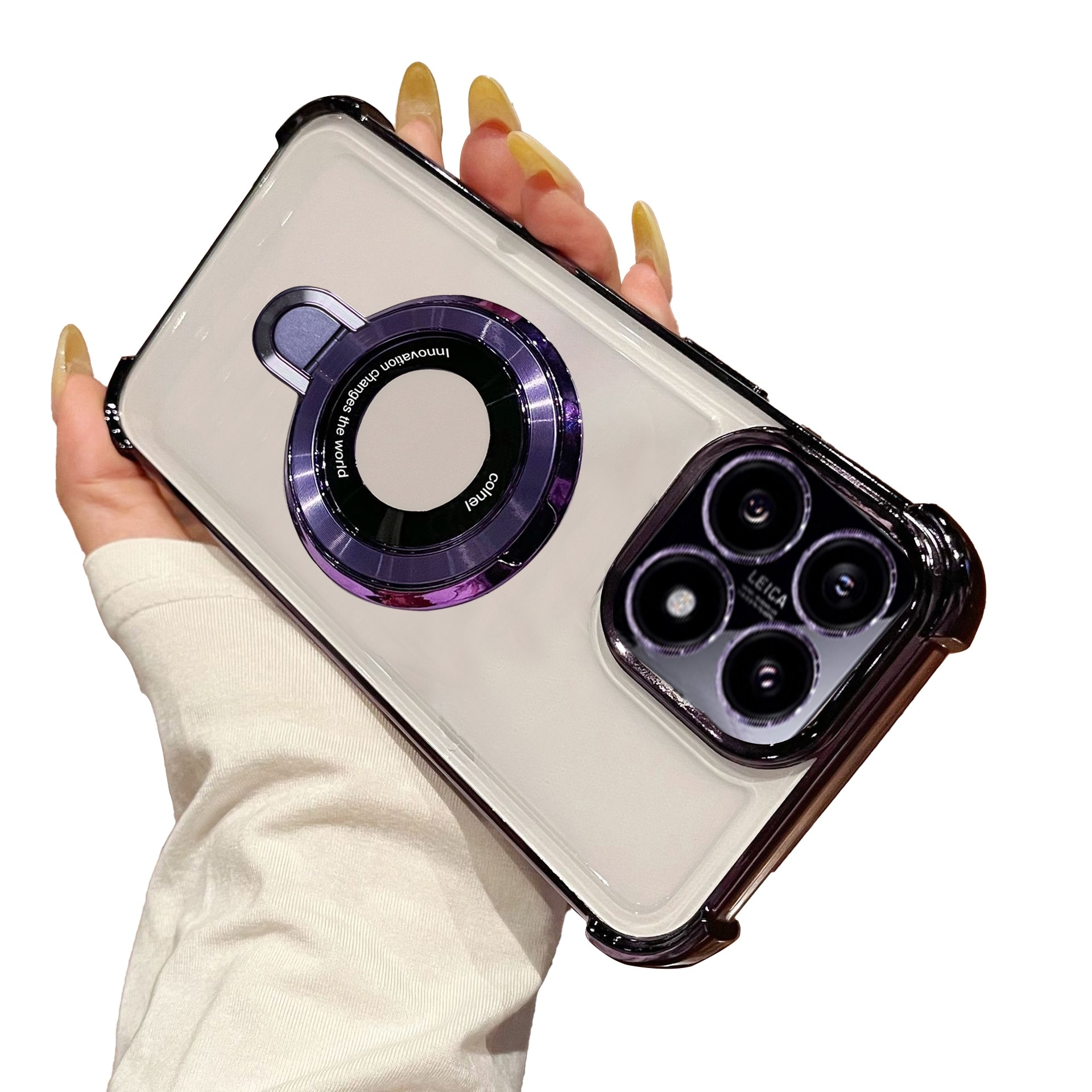 Husa compatibila cu Xiaomi 14T, carcasa transparenta rezistenta la socuri cu suport inel magnetic. Husa pentru Xiaomi 14T din silicon moale/TPU-Violet deschis