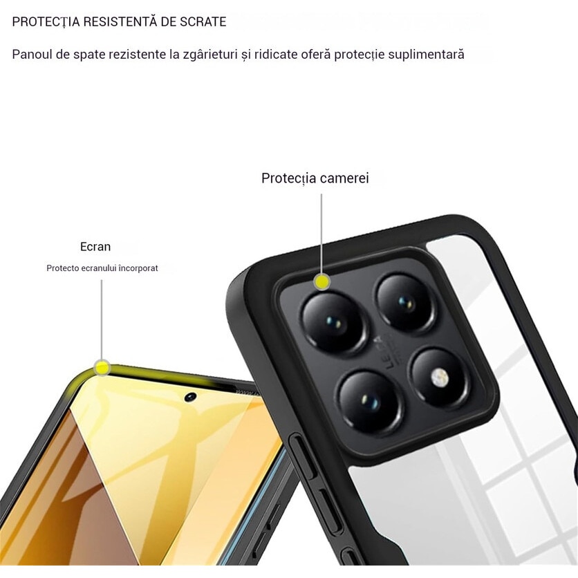 Husa Compatibil cu Xiaomi 14T Pro Case, 360 de grade corp rezistent la socuri hard PC + Xiaomi 14T Pro QB carcasa protectoare moale TPU negru-Negru, Transparent