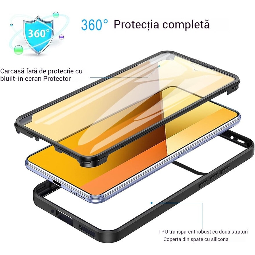 Husa Compatibil cu Xiaomi 14T Pro Case, 360 de grade corp rezistent la socuri hard PC + Xiaomi 14T Pro QB carcasa protectoare moale TPU negru-Negru, Transparent
