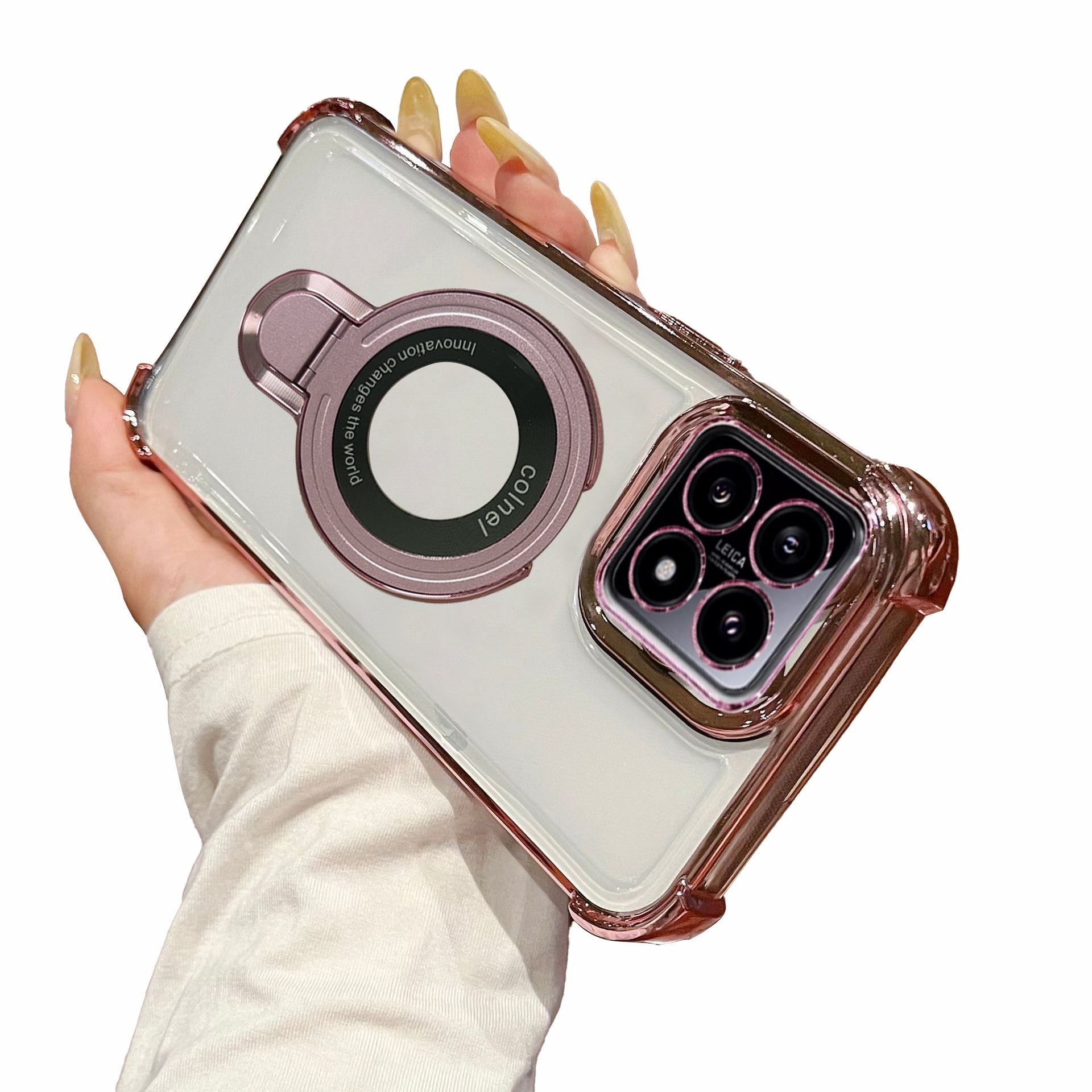 Husa compatibila cu Xiaomi 14T, carcasa transparenta rezistenta la socuri cu suport inel magnetic. Husa pentru Xiaomi 14T din silicon moale/TPU-Roz