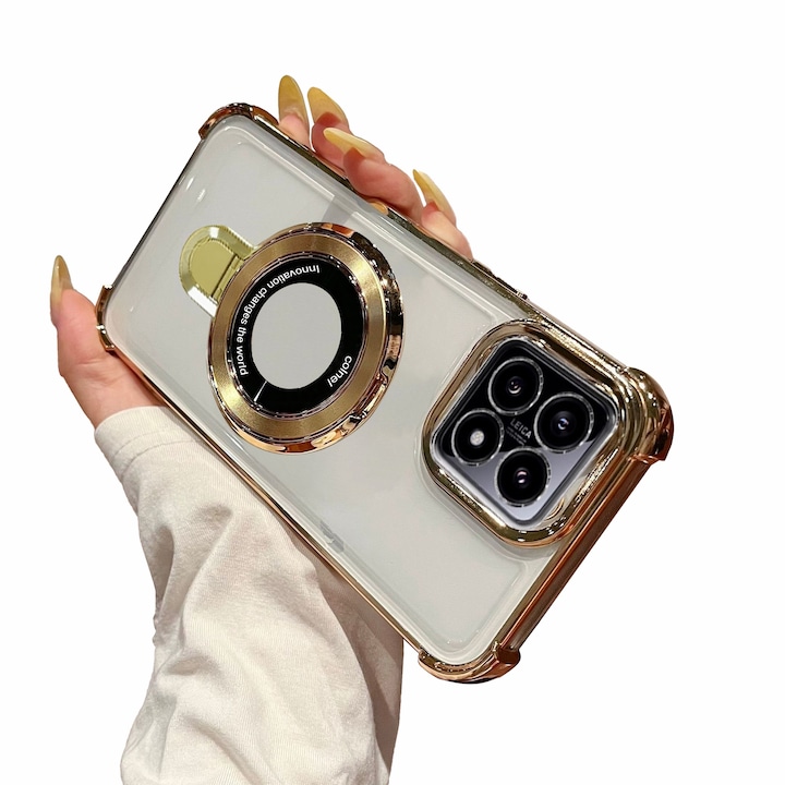 Husa compatibila cu Xiaomi 14T, carcasa transparenta rezistenta la socuri cu suport inel magnetic. Husa pentru Xiaomi 14T din silicon moale/TPU-Auriu