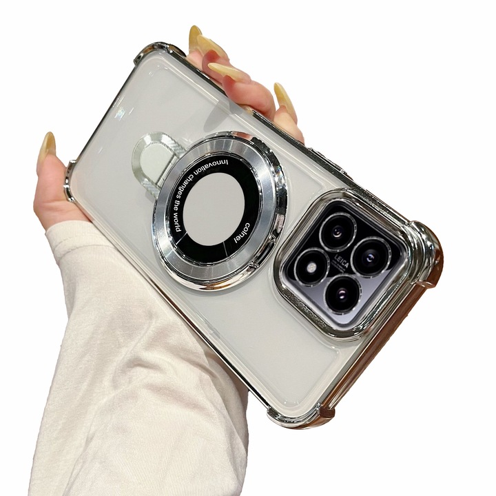 Калъф, съвместим с калъф Xiaomi 14T Pro, прозрачни удароустойчиви защитни калъфи с магнитна стойка за пръстени, калъф за телефон Xiaomi 14T Pro, меко силиконово TPU покритие - сребристо