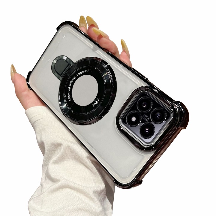 Husa compatibila cu Xiaomi 14T Pro, carcasa transparenta rezistenta la socuri cu suport inel magnetic. Husei pentru Xiaomi 14T Pro din silicon moale/TPU - Negru electric