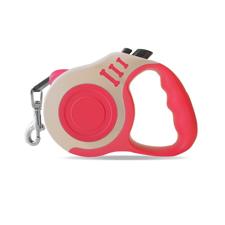 Lesa retractabila pentru caini, 5m, cu maner antiderapant, plastic, bej/roz, pentru caini si pisici pana la 15kg