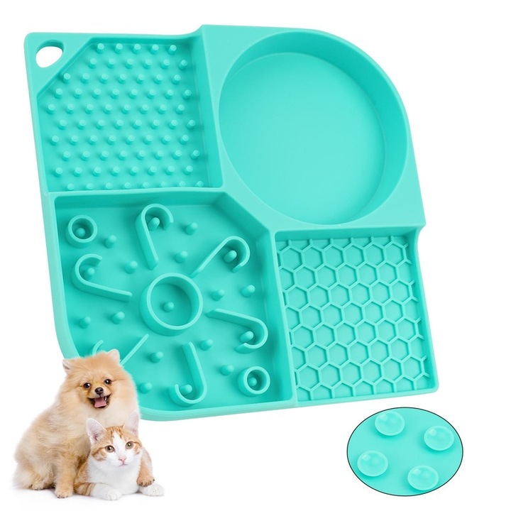 Covoras pentru hranire lenta caini si pisici, cu ventuze, silicon, albastru