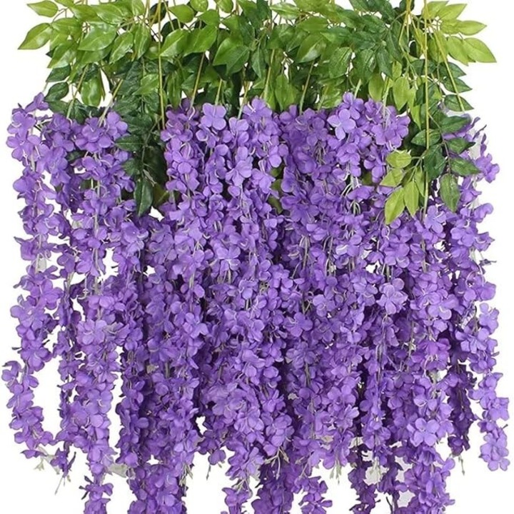 Set 12 Bucati Planta Artificiala Curgatoare Glicina Wisteria cu Frunze Feicaeesa, Lungime 110cm, Mov Inchis