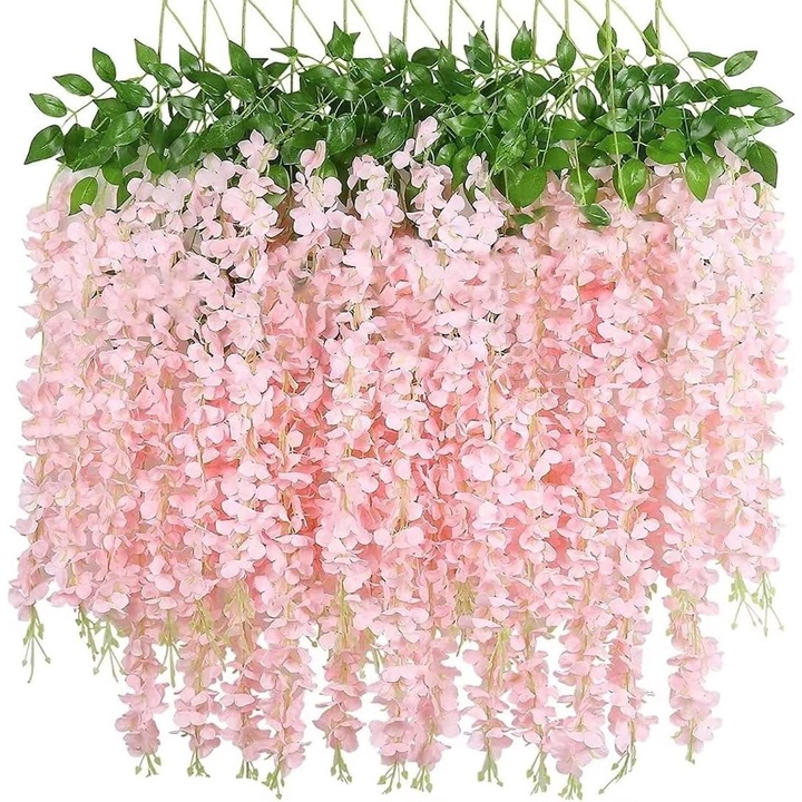 Set 12 Bucati Planta Artificiala Curgatoare Glicina Wisteria cu Frunze Feicaeesa, Lungime 110cm, Roz Deschis