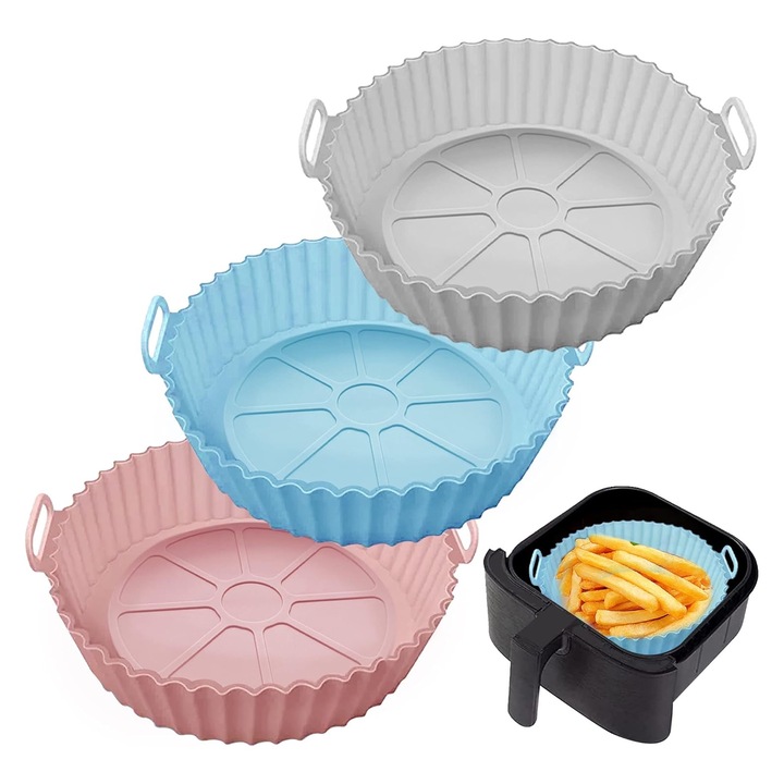 Комплект 3 кръгли силиконови форми за Air Fryer SINBINTA, Многократна употреба, Устойчиви на висока температура, Лесно почистване, Подходящи и за фритюрник, фурна, микровълнова печка, Силикон, 24x6 см, Сив/Розов/Син
