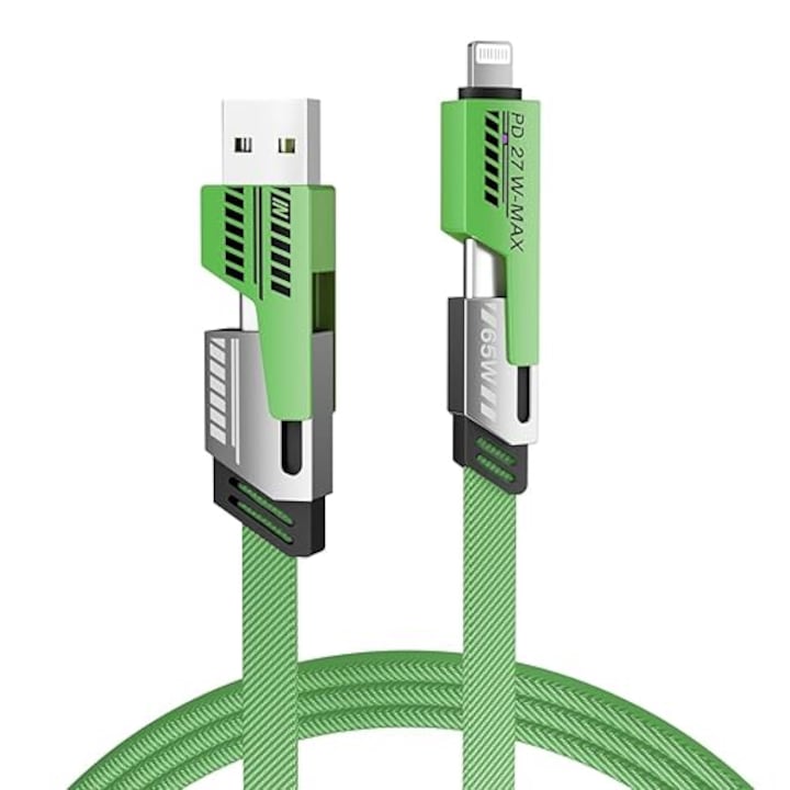 Кабел за данни 4 в 1, 1,5 м бързо зареждане PD 27 W 65 W кабел за зареждане от цинкова сплав за iPhone/iPad/MacBook Pro/Airpods/Samsung/Android Зелен механичен стил