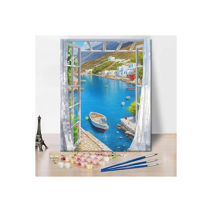 Kit de pictura cu numere pentru adulti, in ulei, Barca, 40X50 cm, DIY