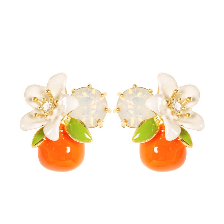 Cercei pentru doamne, cercei cu flori de cativas, simbolizand "Totul se desfasoara dupa dorinta", cercei cu email drop, incrustati cu diamante, accesorii pentru urechi cu designuri alternative si unice