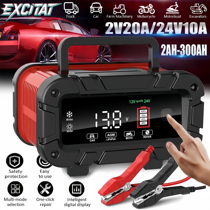 Redresor auto digital, Excitat®, TK-1200, Protectie multipla, multiple moduri, Incarcare baterii cu afisaj LCD, Unghi reglabil, Motocicleta, masina, vehicul off-road, 12V/24V, Reglarea tensiunii, Rosu/Negru