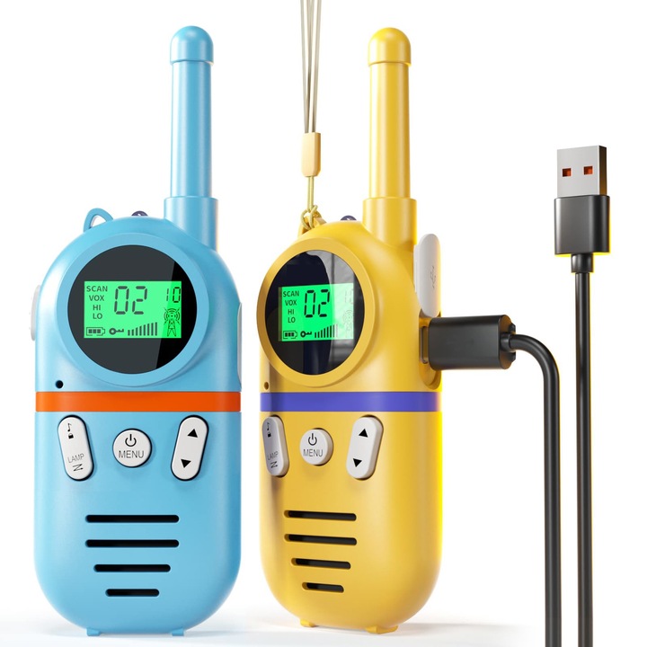 2db Walkie Talkie állomás gyerekeknek, Antenna, Hatótávolság 3 km, VOX funkció, Műanyag, Ajánlott életkor +3 év, XGETOP, kék/sárga