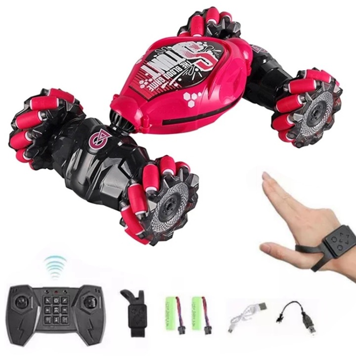 XYXBEBAO Кола с дистанционно управление, управление с жестове, дълъг обхват, перфектна за каскади, 2 режима на шофиране, офроуд и скорост, многопосочни гуми, въртене на 360°, 4x4 тяга, акумулаторна, интерактивни светлини, розов/черен