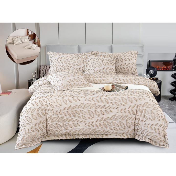 Set Lenjerie CHIRASO, Bumbac fin si IN, pentru pat dublu, 6 piese: Cearceaf de pat cu elastic 180x200 cm, Cearceaf pilota 200x230 cm, 2 fete de perna 50x75 cm, 2 fete de perna 60x60 cm, cu imprimeu frunze grofat, bej