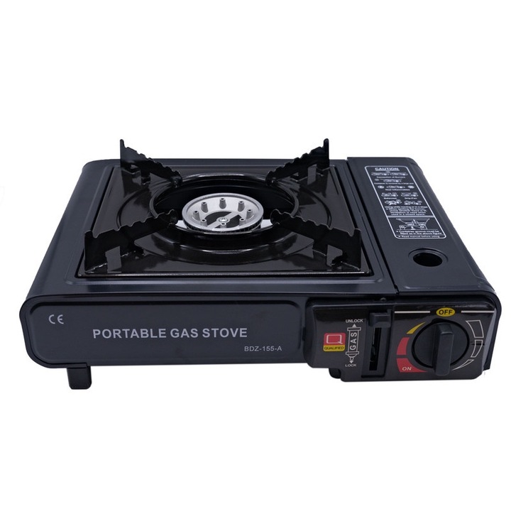 Kemping égő, automata gyújtás, kettős üzemanyag, fekete