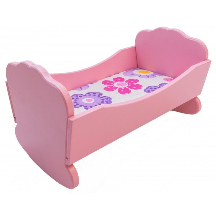 Patut balansoar din lemn pentru papusi cu salteluta inclusa Roz