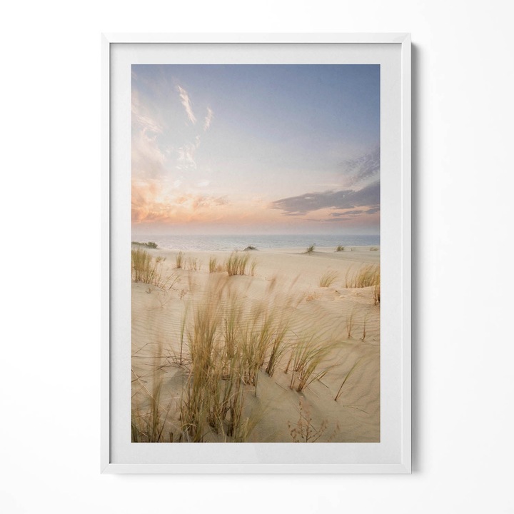 Tablou Inramat, Wallfluent, Peisaj boho de ierburi delicate ale marii si cerului, Rama alba, 70x100 cm, 010330010150100280731