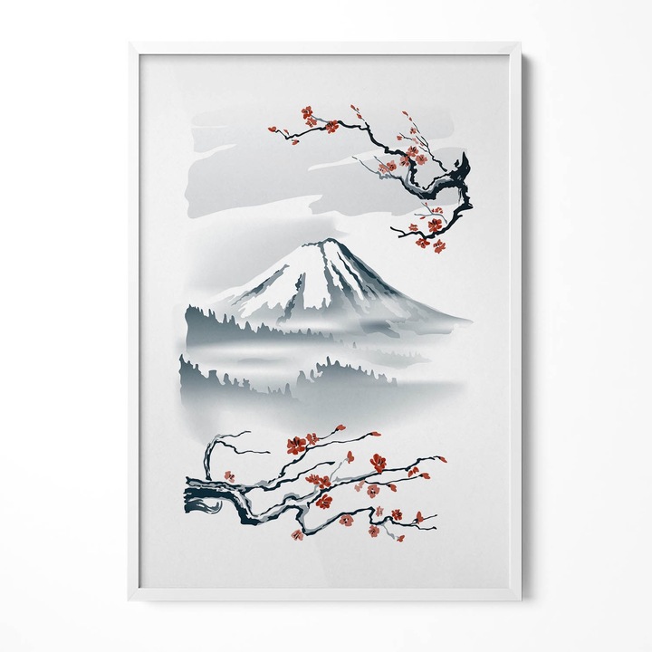 Tablou Inramat, Wallfluent, Ilustratie japoneza a Muntelui Fuji si a florilor de cires, Rama alba, 70x100 cm, 010330010150100280662