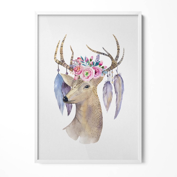 Tablou Inramat, Wallfluent, Cap de cerb si flori, Rama alba, 70x100 cm, 010330010150100280214