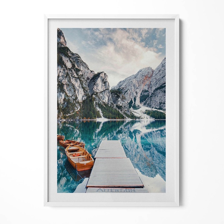 Tablou Inramat, Wallfluent, Barca pe lac in munti, Rama alba, 70x100 cm, 010330010150100280486