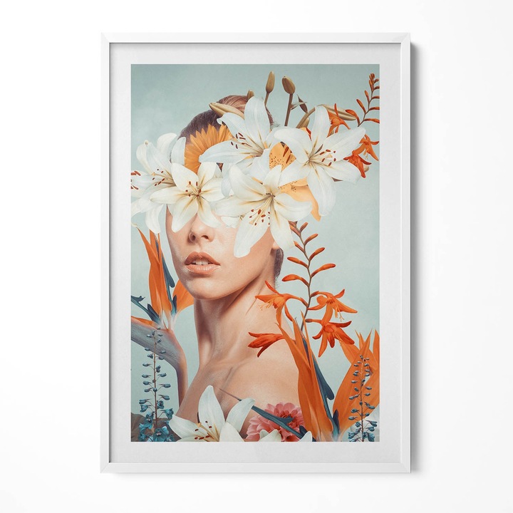 Tablou Inramat, Wallfluent, Femeie abstracta cu flori, Rama alba, 70x100 cm, 010330010150100280244