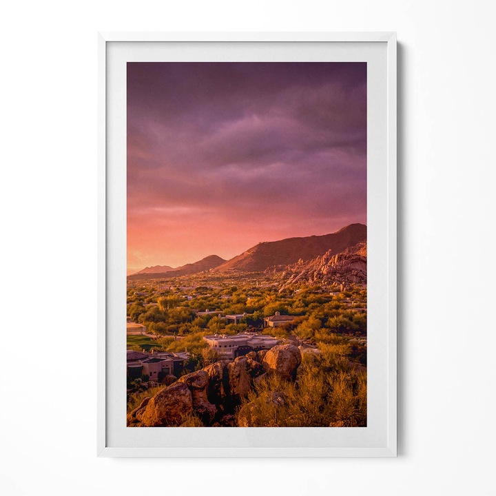 Tablou Inramat, Wallfluent, Apus de soare peste North Scottsdale, Rama alba, 70x100 cm, 010330010150100280348