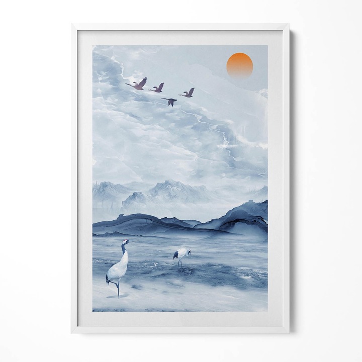 Tablou Inramat, Wallfluent, Peisaj pictat cu un lac si macarale, Rama alba, 70x100 cm, 010330010150100280837