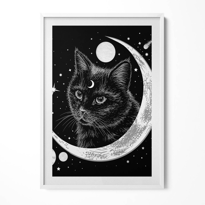 Tablou Inramat, Wallfluent, Pisica neagra magica si spatiu, Rama alba, 70x100 cm, 010330010150100280886
