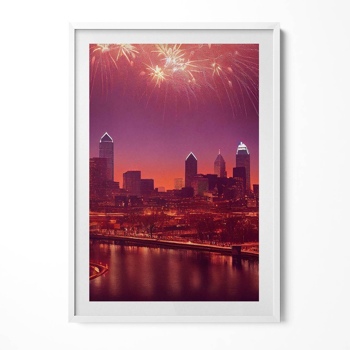 Tablou Inramat, Wallfluent, Focuri de artificii in oras pe timp de noapte in Philadelphia, Rama alba, 70x100 cm, 010330010150100280355