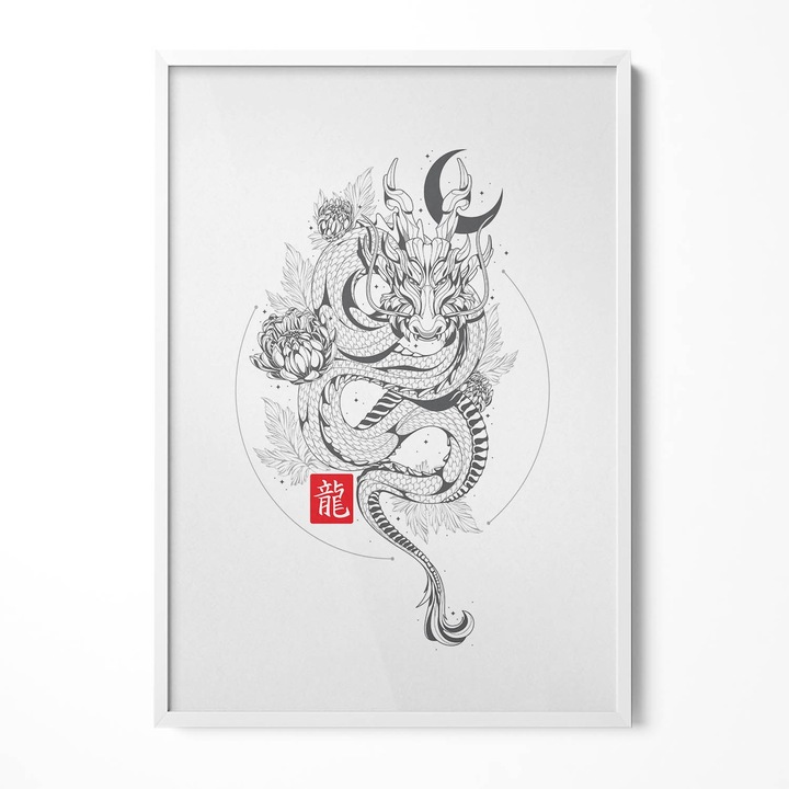 Tablou Inramat, Wallfluent, Ilustratie dragon chinezesc, Rama alba, 70x100 cm, 010330010150100280852