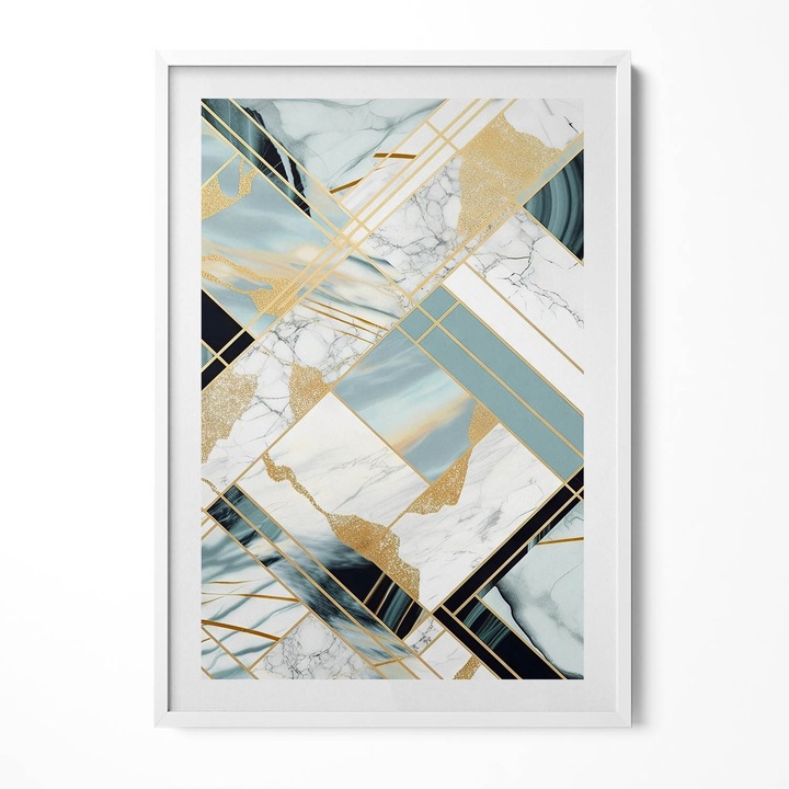 Tablou Inramat, Wallfluent, Abstractie geometrica cu aur, Rama alba, 70x100 cm, 010330010150100280877