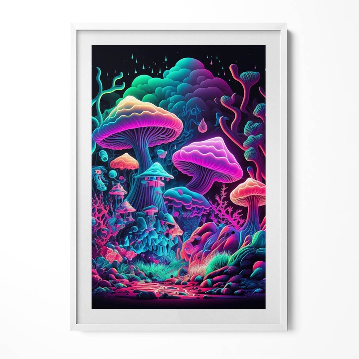 Tablou Inramat, Wallfluent, Ciuperci neon, Rama alba, 70x100 cm, 010330010150100280239