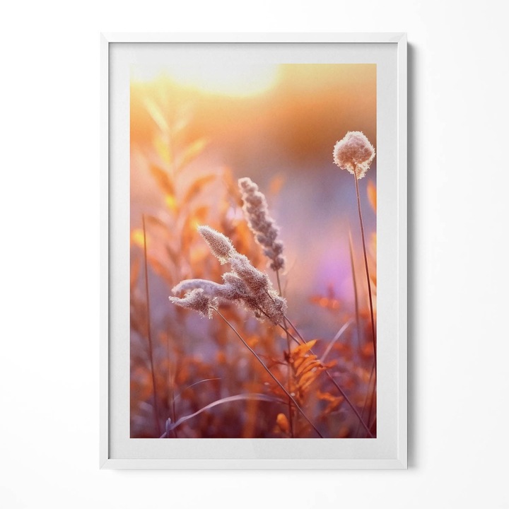 Tablou Inramat, Wallfluent, Boho iarba la rasarit, Rama alba, 70x100 cm, 010330010150100281014