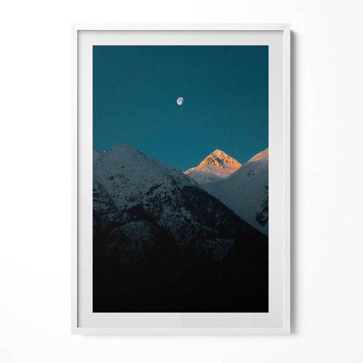 Tablou Inramat, Wallfluent, Apus de soare la munte, Rama alba, 70x100 cm, 010330010150100280249