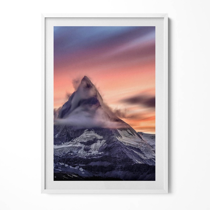 Tablou Inramat, Wallfluent, Munte singuratic la apus, Rama alba, 70x100 cm, 010330010150100280503